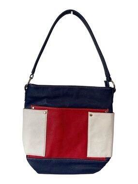 Avon Signature Red White Blue Bonded Leather Hobo Shoulder Bag Colorblock VTG